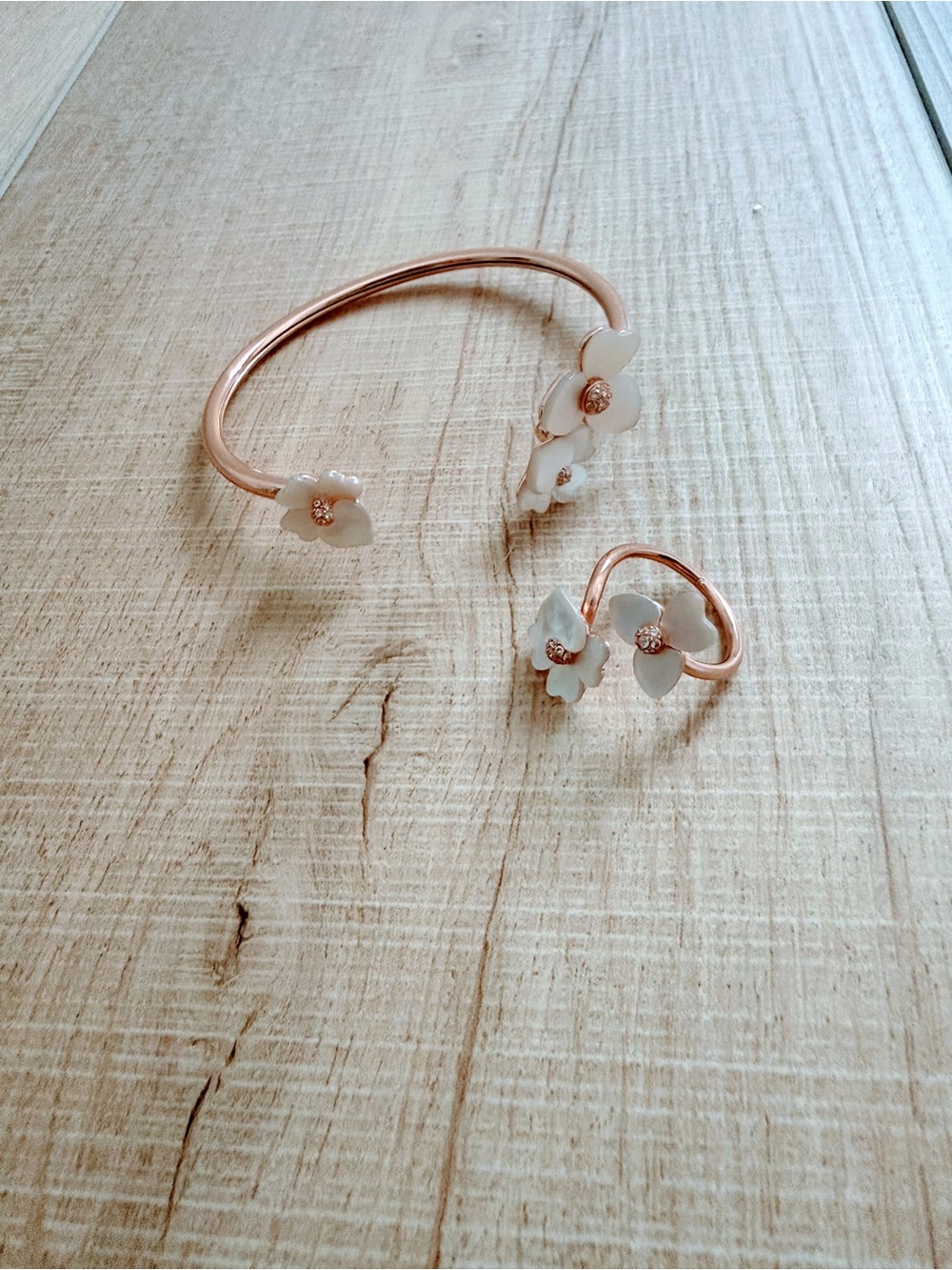 kate spade Rose Gold Tone Cuff Bracelet and Ring size 5 w/ White Floral Accents